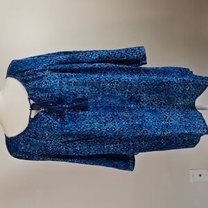Catherines 3X NWT Tunic Top Tassel Tie Blue Paisley Sequin Pintucks Sleeves Boho
